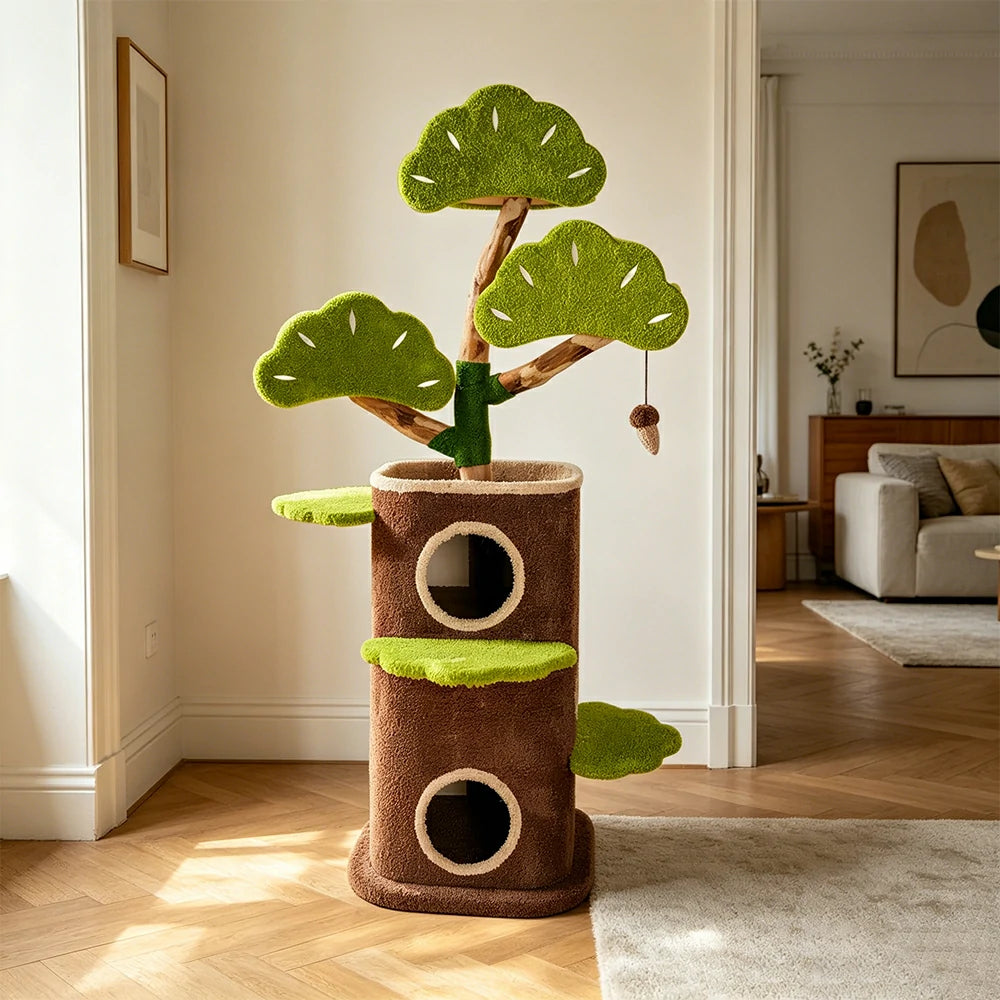 PAWORA Pine Treehouse Cat Tree - 159cm Natural Eco-Friendly Odour-Free Cat Condo Tower - Green Brown