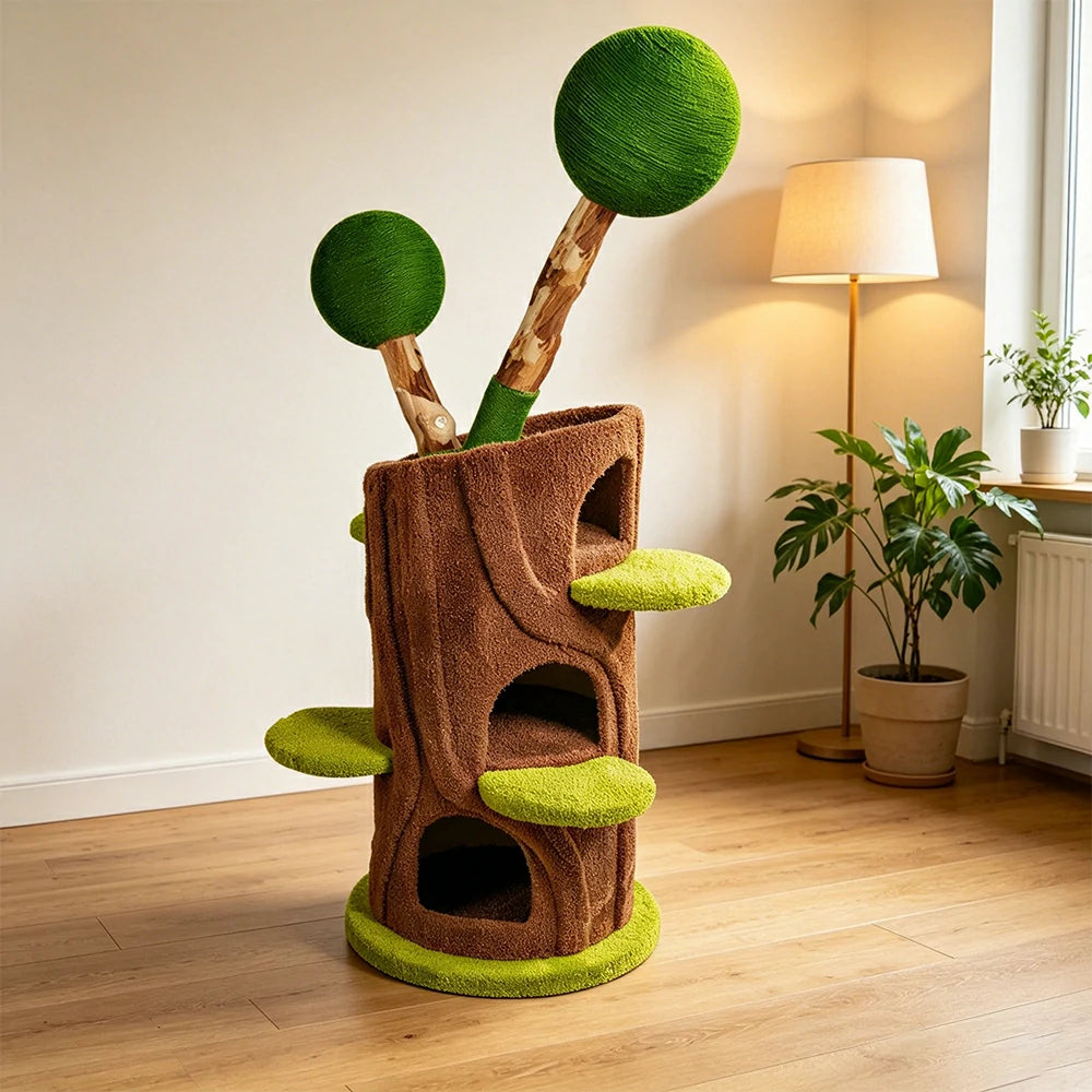 PAWORA Ball Treehouse Cat Tree - 135cm Natural Eco-Friendly Odour-Free Cat Condo Tower - Green Brown