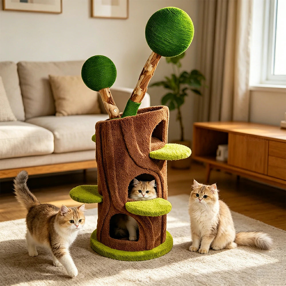 PAWORA Ball Treehouse Cat Tree - 135cm Natural Eco-Friendly Odour-Free Cat Condo Tower - Green Brown