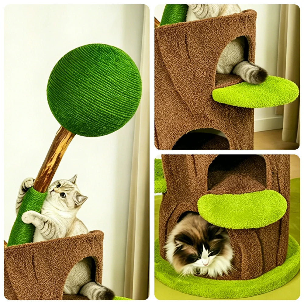 PAWORA Ball Treehouse Cat Tree - 135cm Natural Eco-Friendly Odour-Free Cat Condo Tower - Green Brown