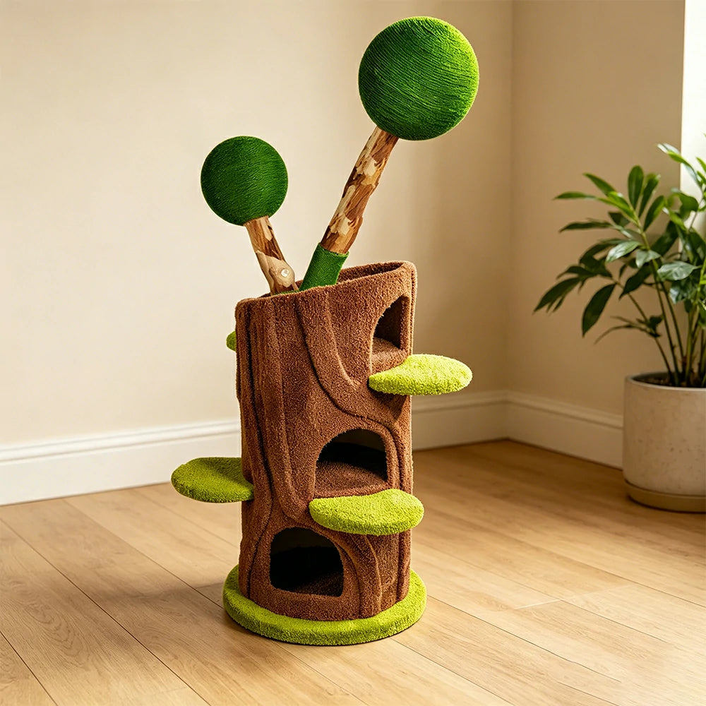 PAWORA Ball Treehouse Cat Tree - 135cm Natural Eco-Friendly Odour-Free Cat Condo Tower - Green Brown
