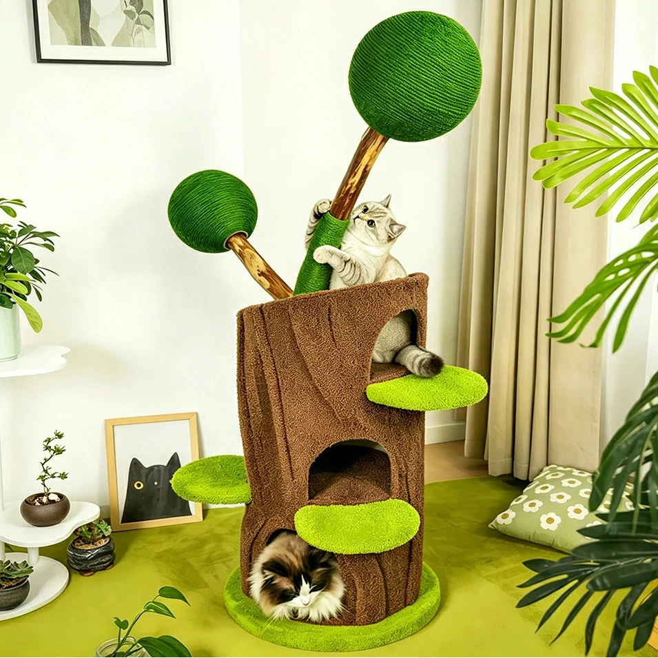 PAWORA Ball Treehouse Cat Tree - 135cm Natural Eco-Friendly Odour-Free Cat Condo Tower - Green Brown