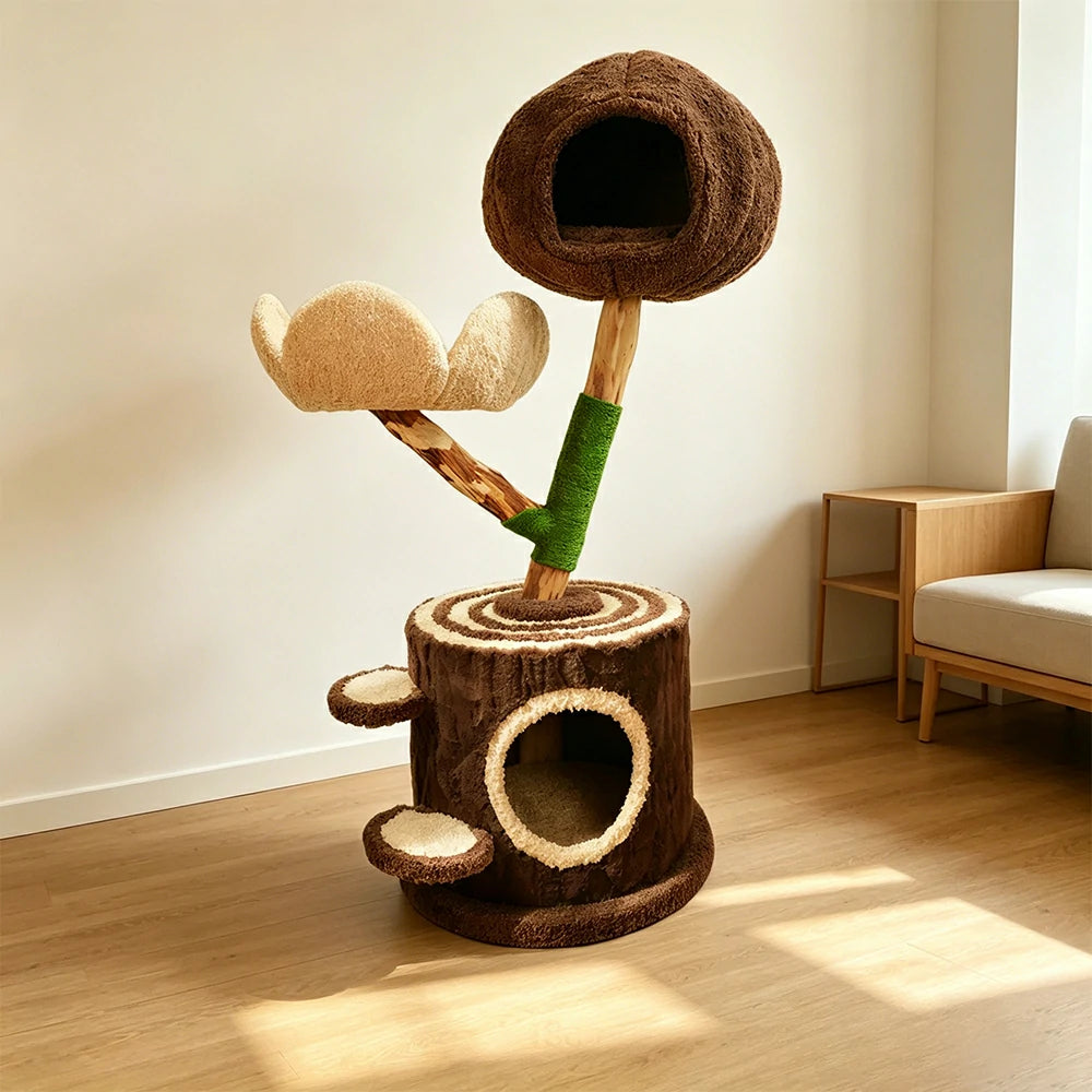 PAWORA Cloud Treehouse Cat Tree - 115cm Natural Eco-Friendly Odour-Free Cat Condo Tower - Brown Green