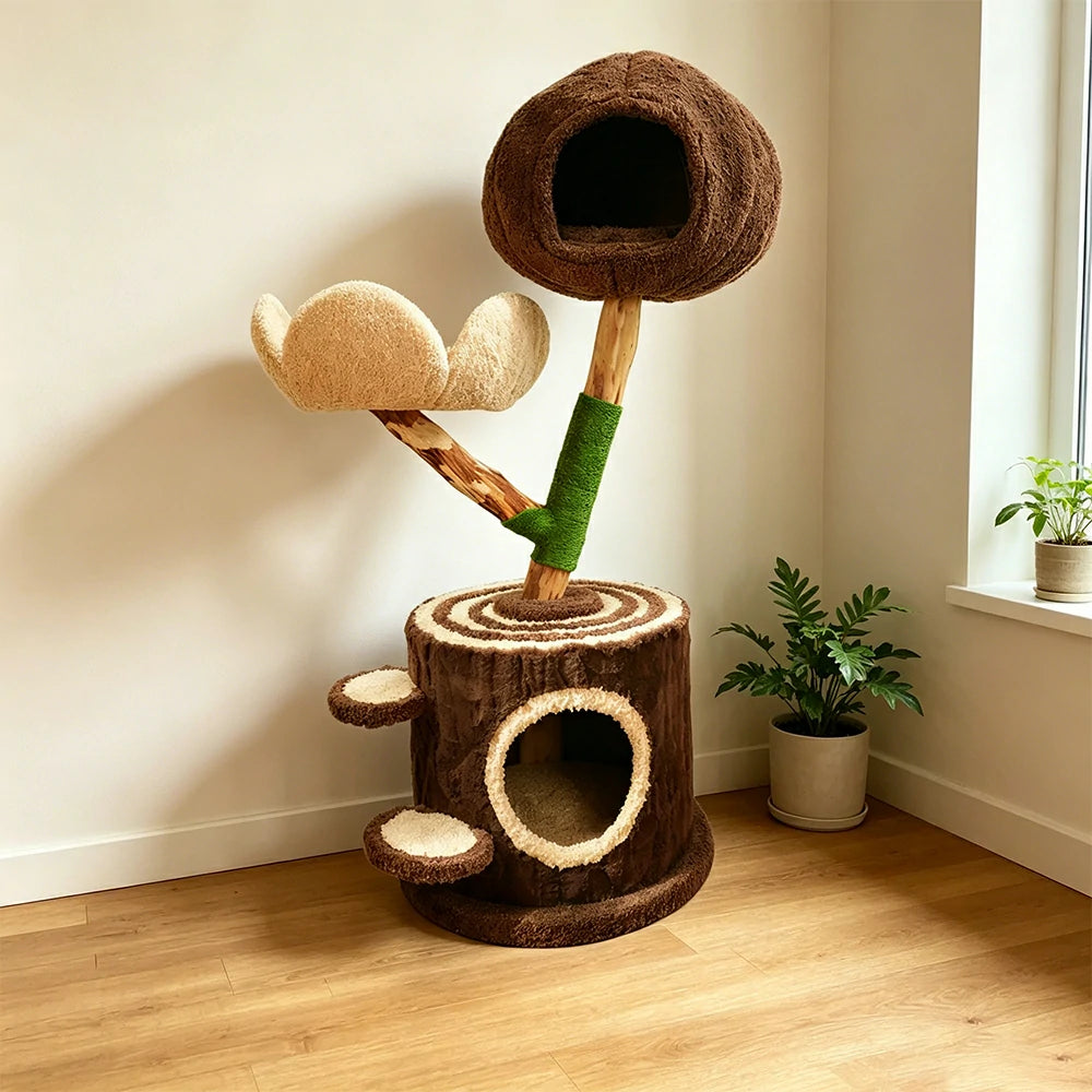 PAWORA Cloud Treehouse Cat Tree - 115cm Natural Eco-Friendly Odour-Free Cat Condo Tower - Brown Green