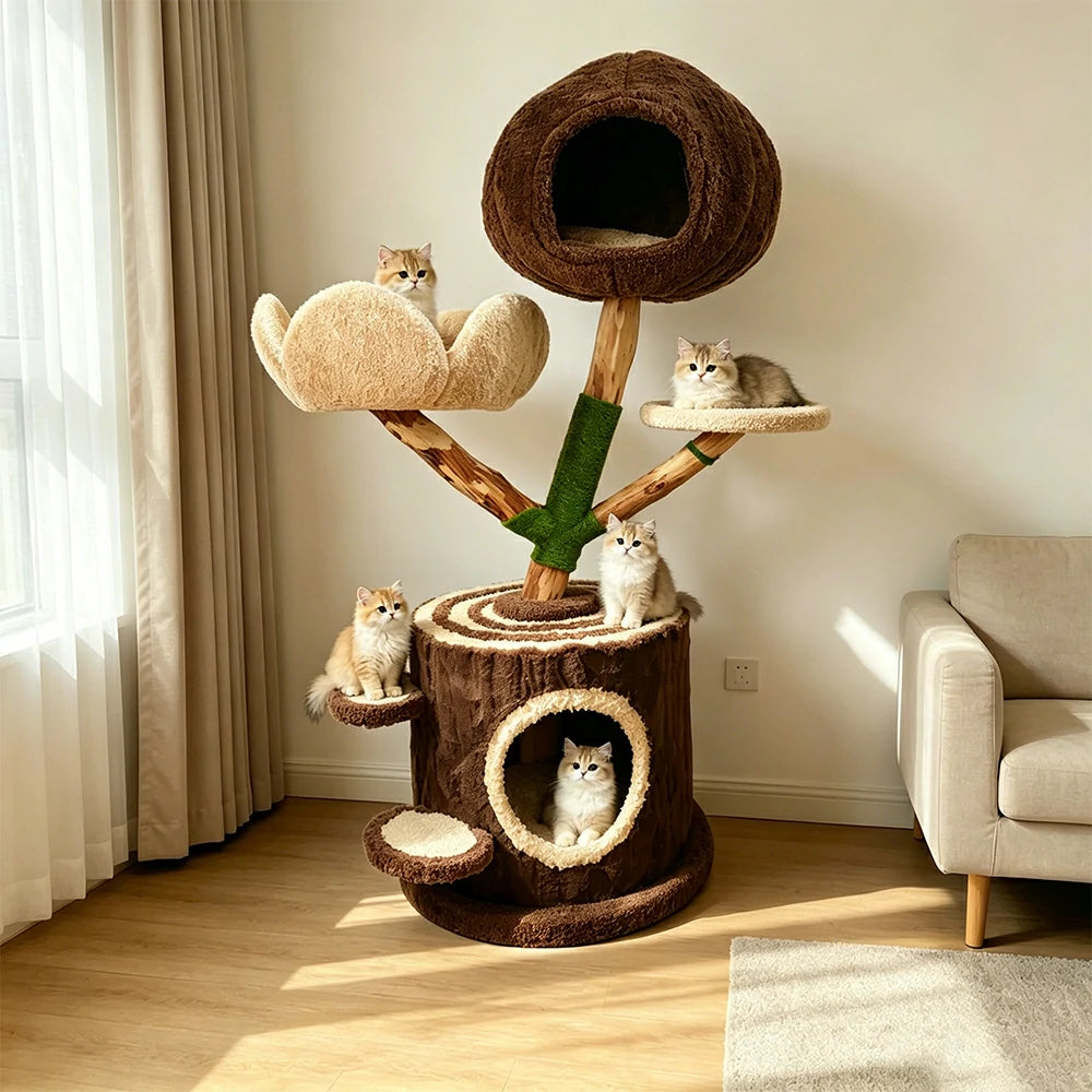 PAWORA Cloud Treehouse Cat Tree - 115cm Natural Eco-Friendly Odour-Free Cat Condo Tower - Brown Green