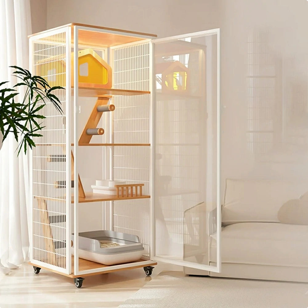 PAWORA Large Cat Villa - 167cm Multi-Level Indoor Cat Cabinet with Toilet Area & Lockable Wheels - White