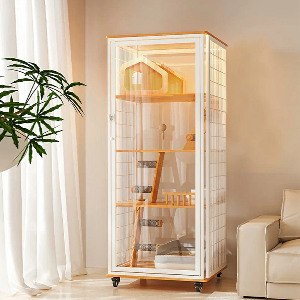 PAWORA Large Cat Villa - 167cm Multi-Level Indoor Cat Cabinet with Toilet Area & Lockable Wheels - White