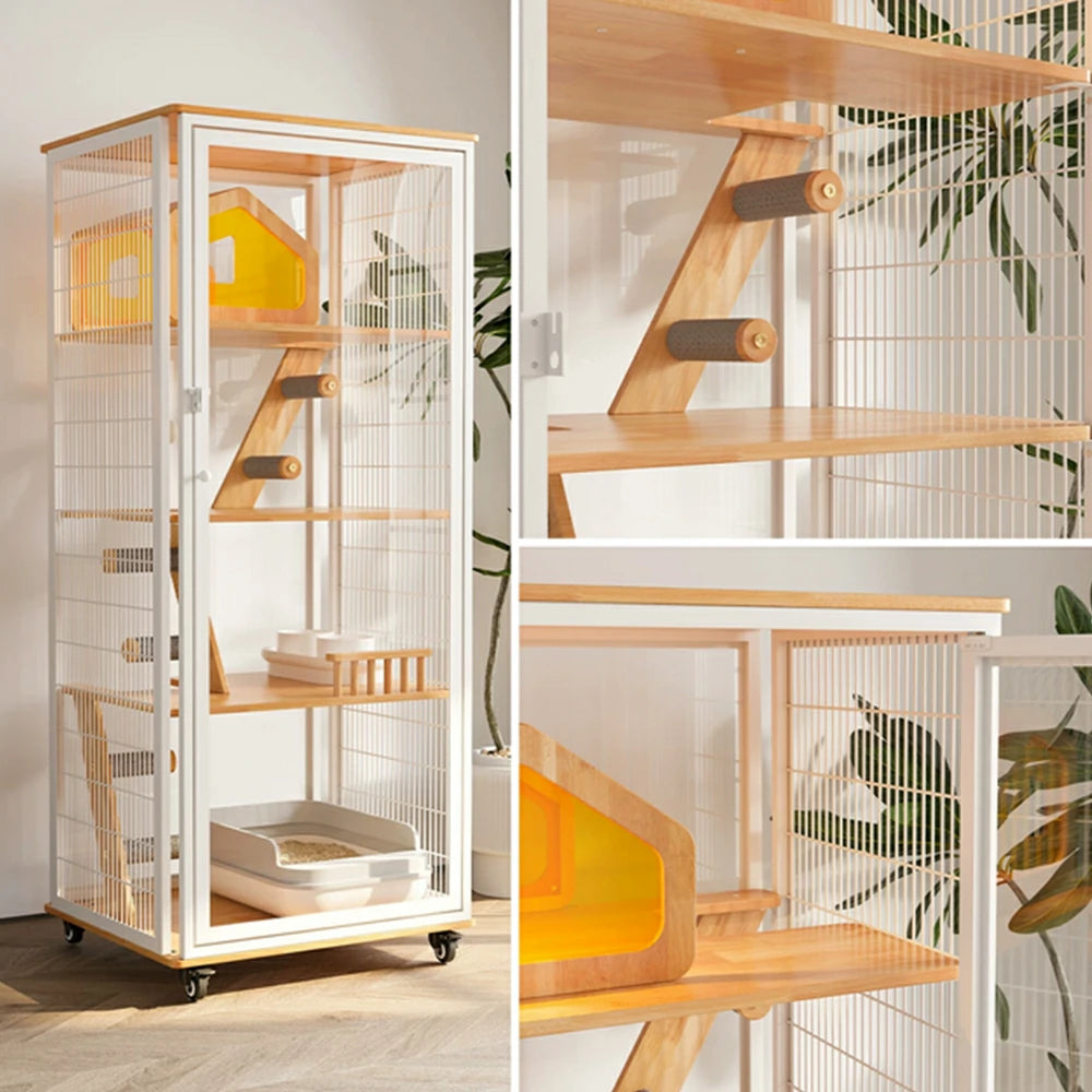 PAWORA Large Cat Villa - 167cm Multi-Level Indoor Cat Cabinet with Toilet Area & Lockable Wheels - White