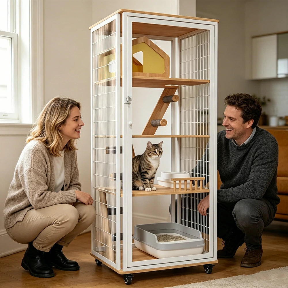 PAWORA Large Cat Villa - 167cm Multi-Level Indoor Cat Cabinet with Toilet Area & Lockable Wheels - White