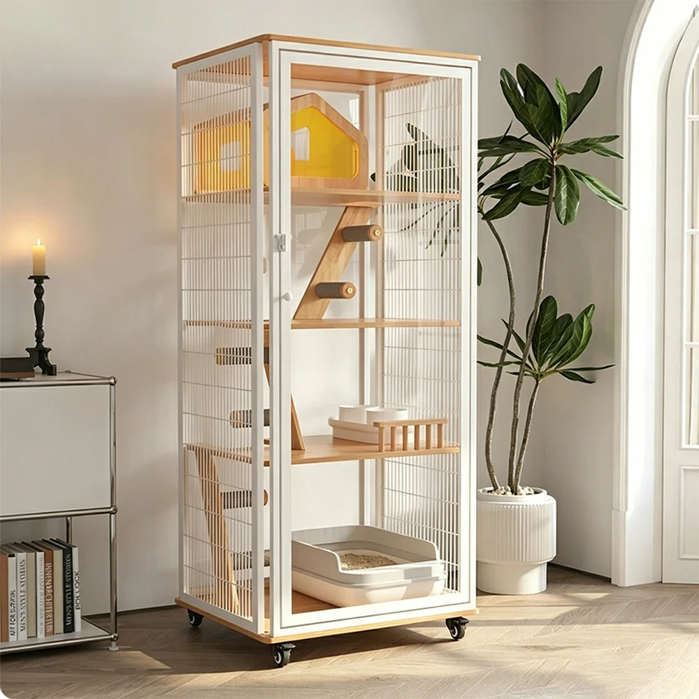 PAWORA Large Cat Villa - 167cm Multi-Level Indoor Cat Cabinet with Toilet Area & Lockable Wheels - White