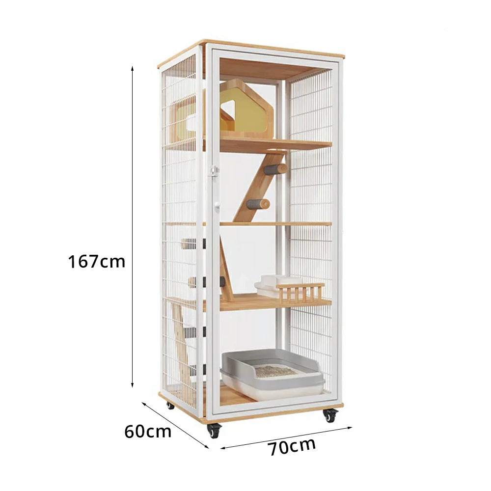 PAWORA Large Cat Villa - 167cm Multi-Level Indoor Cat Cabinet with Toilet Area & Lockable Wheels - White