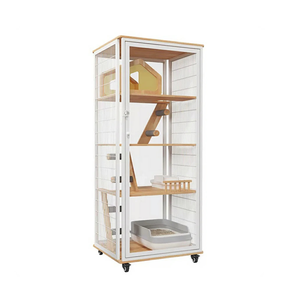 PAWORA Large Cat Villa - 167cm Multi-Level Indoor Cat Cabinet with Toilet Area & Lockable Wheels - White