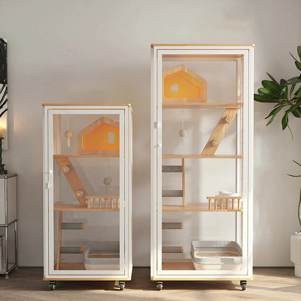 PAWORA Medium Cat Villa - 127cm Multi-Level Indoor Cat Cabinet with Toilet Area & Lockable Wheels - White