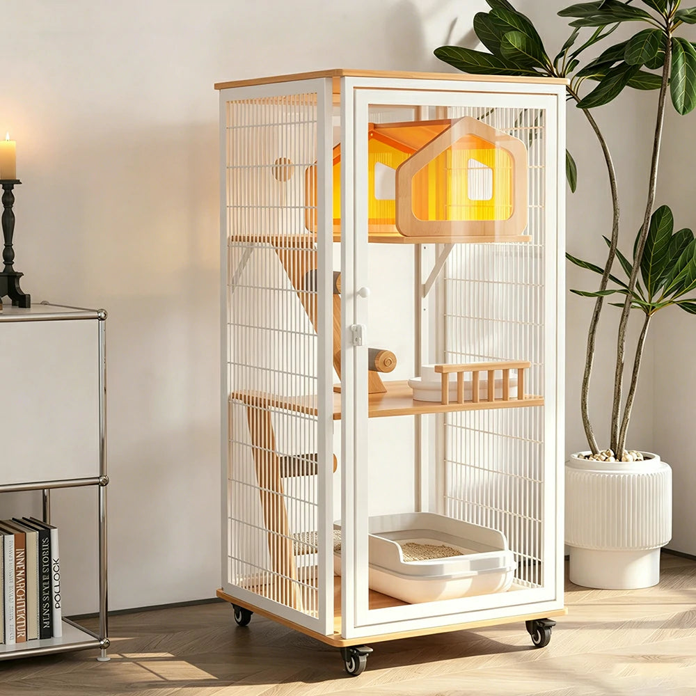 PAWORA Medium Cat Villa - 127cm Multi-Level Indoor Cat Cabinet with Toilet Area & Lockable Wheels - White