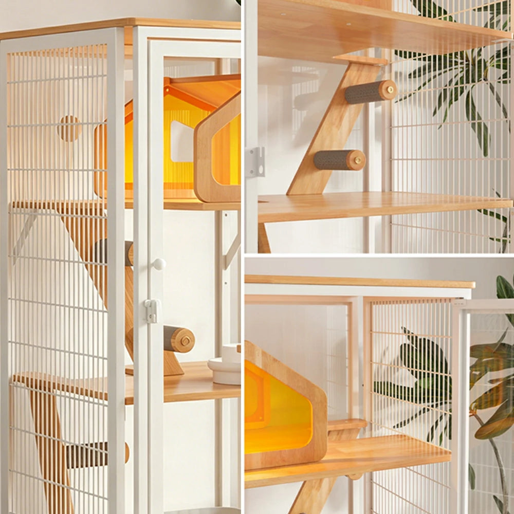 PAWORA Medium Cat Villa - 127cm Multi-Level Indoor Cat Cabinet with Toilet Area & Lockable Wheels - White