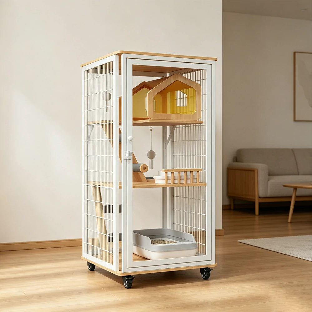 PAWORA Medium Cat Villa - 127cm Multi-Level Indoor Cat Cabinet with Toilet Area & Lockable Wheels - White