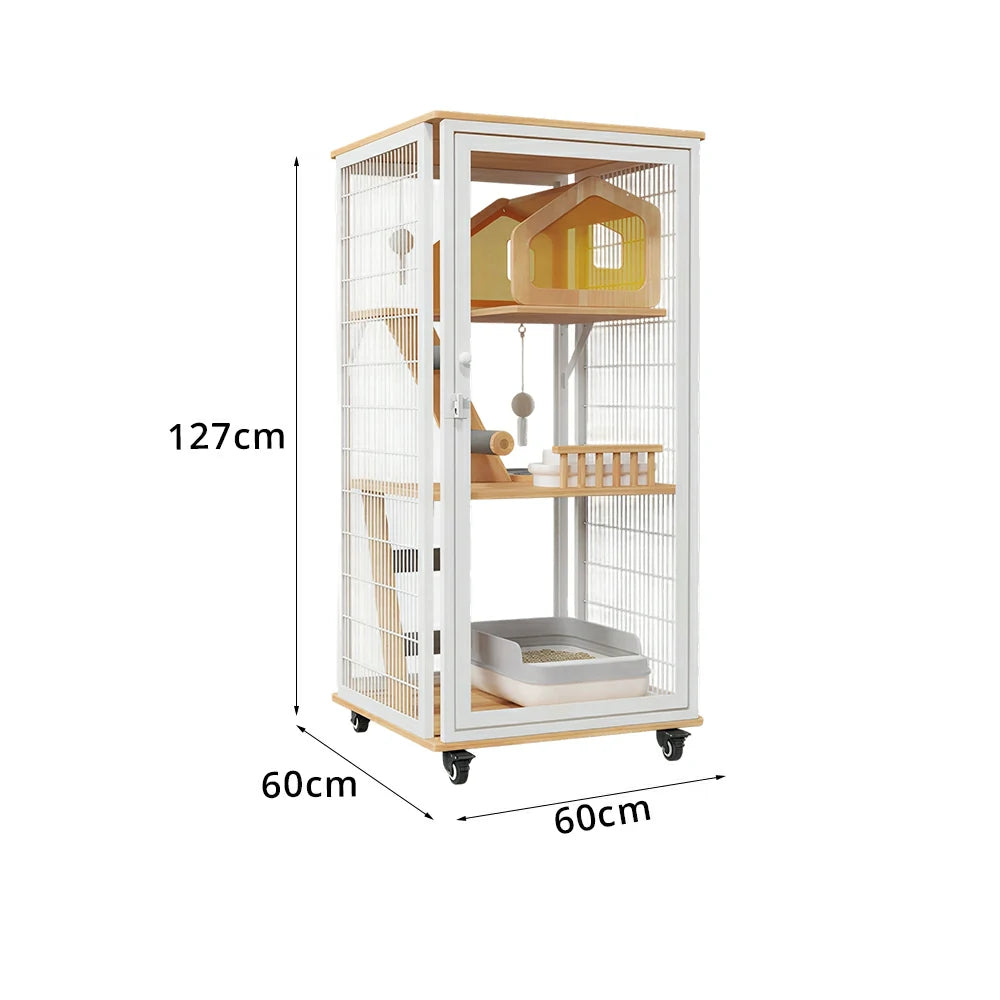 PAWORA Medium Cat Villa - 127cm Multi-Level Indoor Cat Cabinet with Toilet Area & Lockable Wheels - White