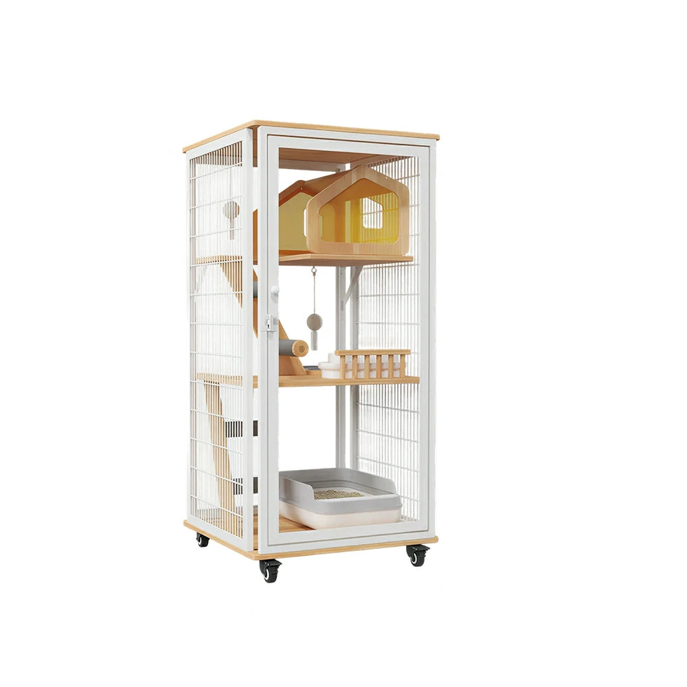 PAWORA Medium Cat Villa - 127cm Multi-Level Indoor Cat Cabinet with Toilet Area & Lockable Wheels - White