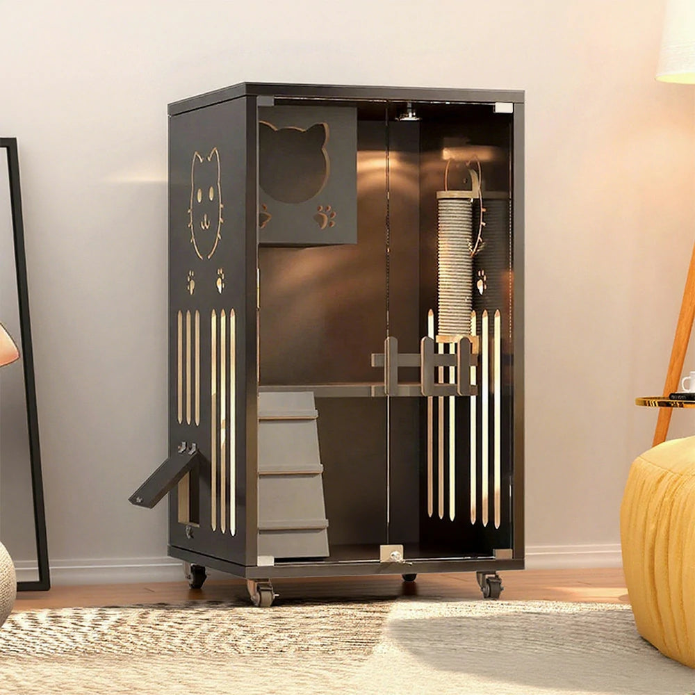 PAWORA Luxury Indoor Cat Villa - Tempered Glass, Eco-Friendly Board, Multi-Level Climbing Design, Ventilated & Stylish Pet House - Grey