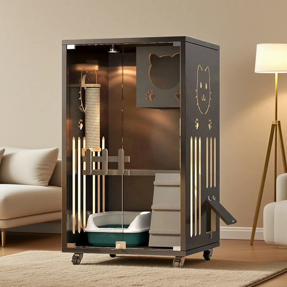 PAWORA Luxury Indoor Cat Villa - Tempered Glass, Eco-Friendly Board, Multi-Level Climbing Design, Ventilated & Stylish Pet House - Grey