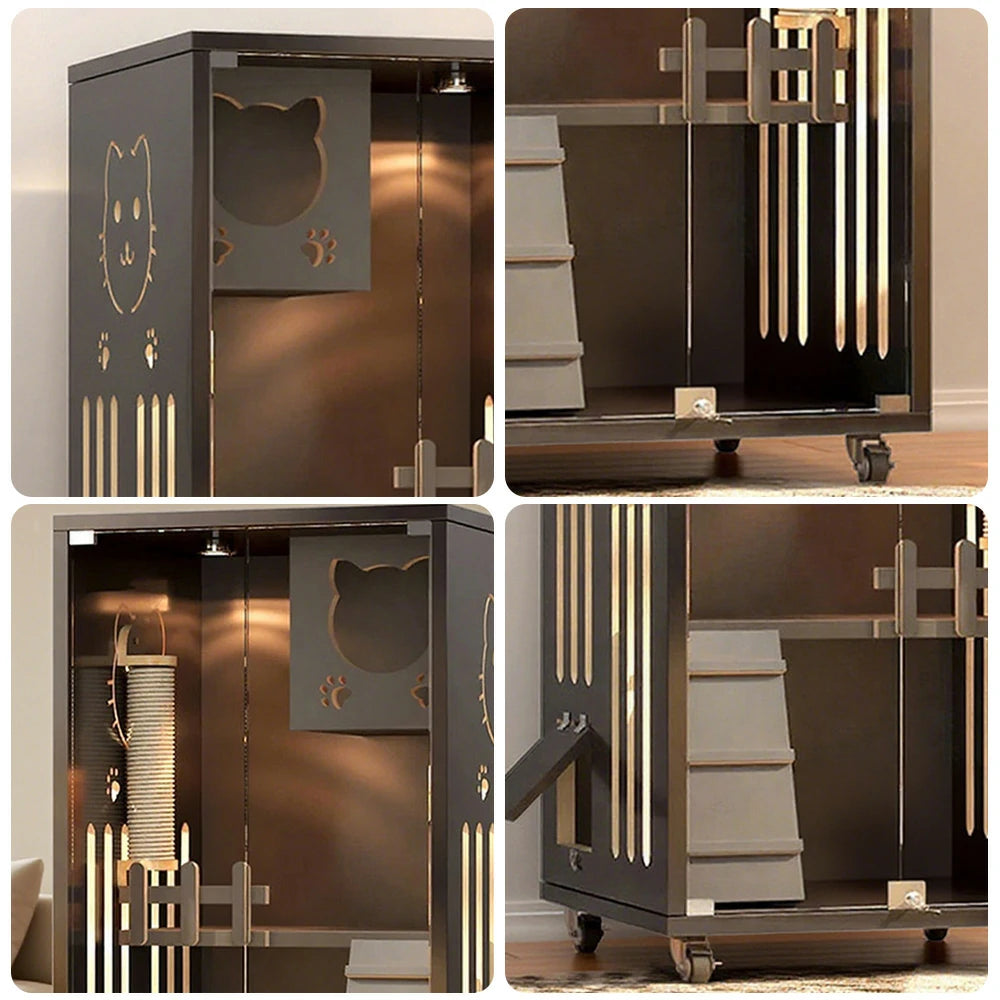 PAWORA Luxury Indoor Cat Villa - Tempered Glass, Eco-Friendly Board, Multi-Level Climbing Design, Ventilated & Stylish Pet House - Grey