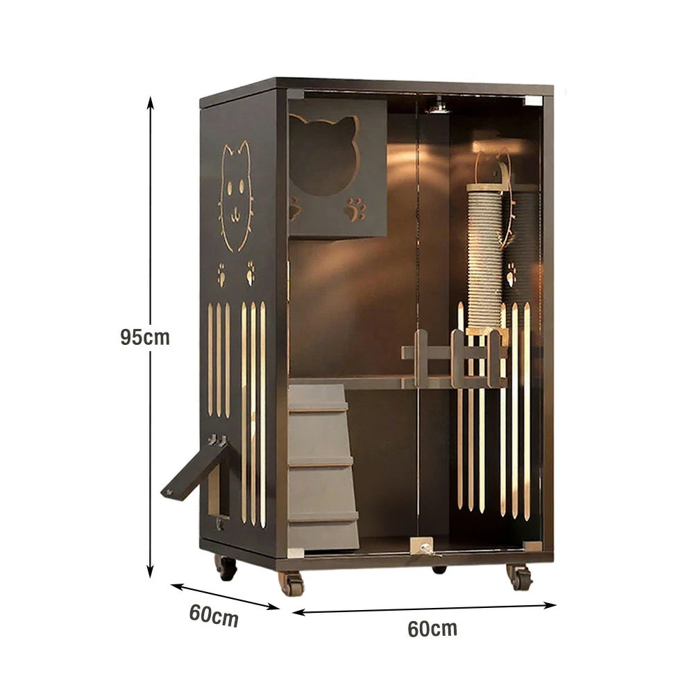 PAWORA Luxury Indoor Cat Villa - Tempered Glass, Eco-Friendly Board, Multi-Level Climbing Design, Ventilated & Stylish Pet House - Grey