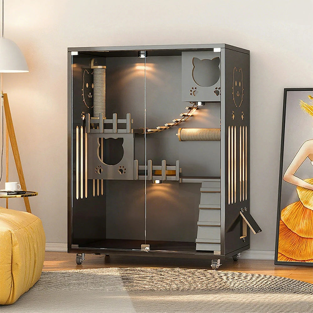 PAWORA Luxury Indoor Cat Villa - Tempered Glass, Eco-Friendly Board, Multi-Level Climbing Design, Ventilated & Stylish Pet House - Grey