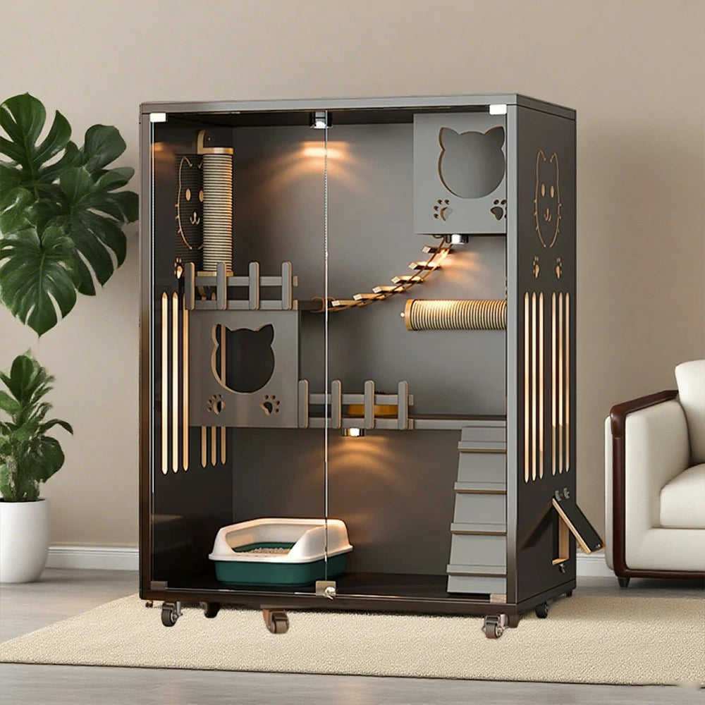 PAWORA Luxury Indoor Cat Villa - Tempered Glass, Eco-Friendly Board, Multi-Level Climbing Design, Ventilated & Stylish Pet House - Grey