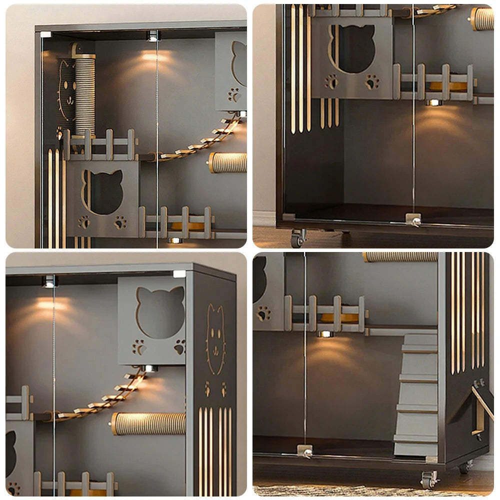 PAWORA Luxury Indoor Cat Villa - Tempered Glass, Eco-Friendly Board, Multi-Level Climbing Design, Ventilated & Stylish Pet House - Grey