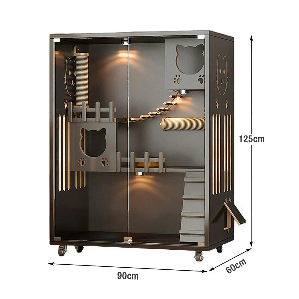 PAWORA Luxury Indoor Cat Villa - Tempered Glass, Eco-Friendly Board, Multi-Level Climbing Design, Ventilated & Stylish Pet House - Grey