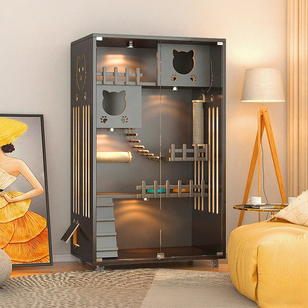 PAWORA Luxury Indoor Cat Villa - Tempered Glass, Eco-Friendly Board, Multi-Level Climbing Design, Ventilated & Stylish Pet House - Grey