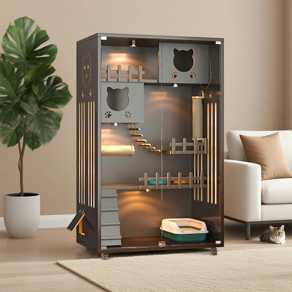 PAWORA Luxury Indoor Cat Villa - Tempered Glass, Eco-Friendly Board, Multi-Level Climbing Design, Ventilated & Stylish Pet House - Grey