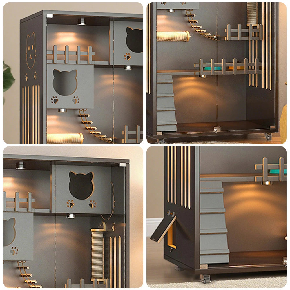 PAWORA Luxury Indoor Cat Villa - Tempered Glass, Eco-Friendly Board, Multi-Level Climbing Design, Ventilated & Stylish Pet House - Grey