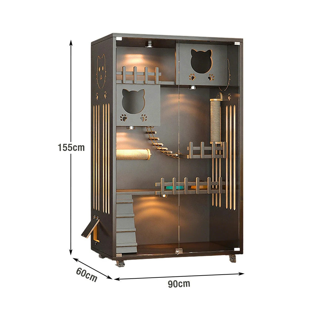 PAWORA Luxury Indoor Cat Villa - Tempered Glass, Eco-Friendly Board, Multi-Level Climbing Design, Ventilated & Stylish Pet House - Grey