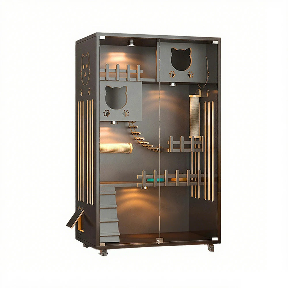 PAWORA Luxury Indoor Cat Villa - Tempered Glass, Eco-Friendly Board, Multi-Level Climbing Design, Ventilated & Stylish Pet House - Grey