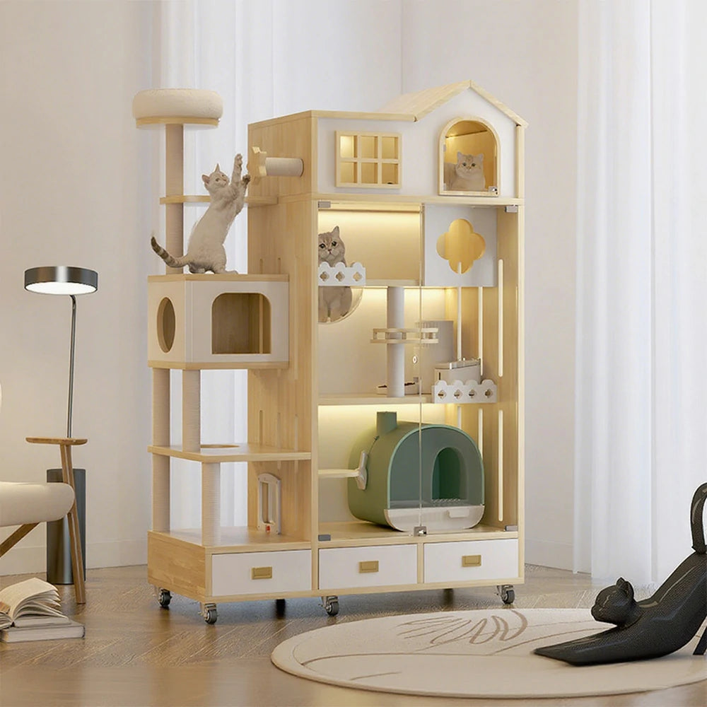 PAWORA Luxury Indoor Wooden Cat House – Eco-Friendly Board, Multi-Level Climbing & Ventilated Design, Spacious Pet Villa for Multiple Cats - Natural Wood