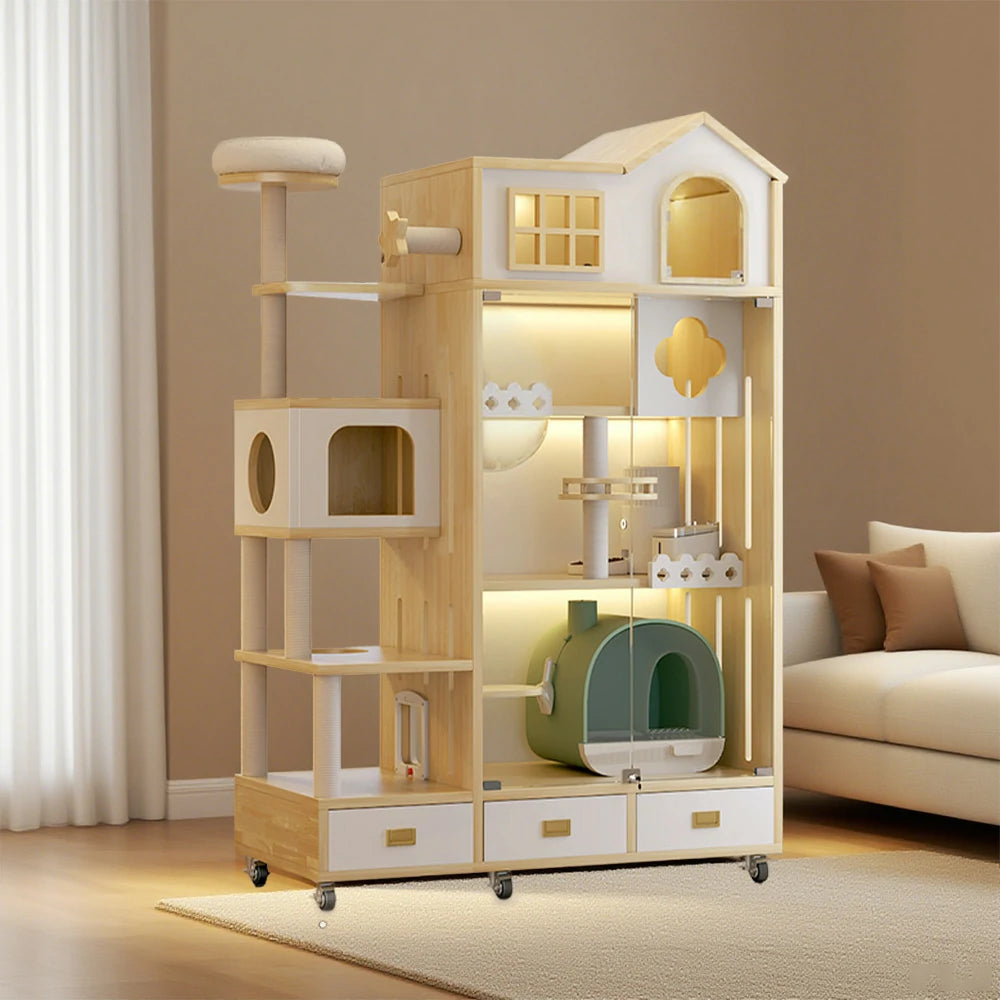 PAWORA Luxury Indoor Wooden Cat House – Eco-Friendly Board, Multi-Level Climbing & Ventilated Design, Spacious Pet Villa for Multiple Cats - Natural Wood