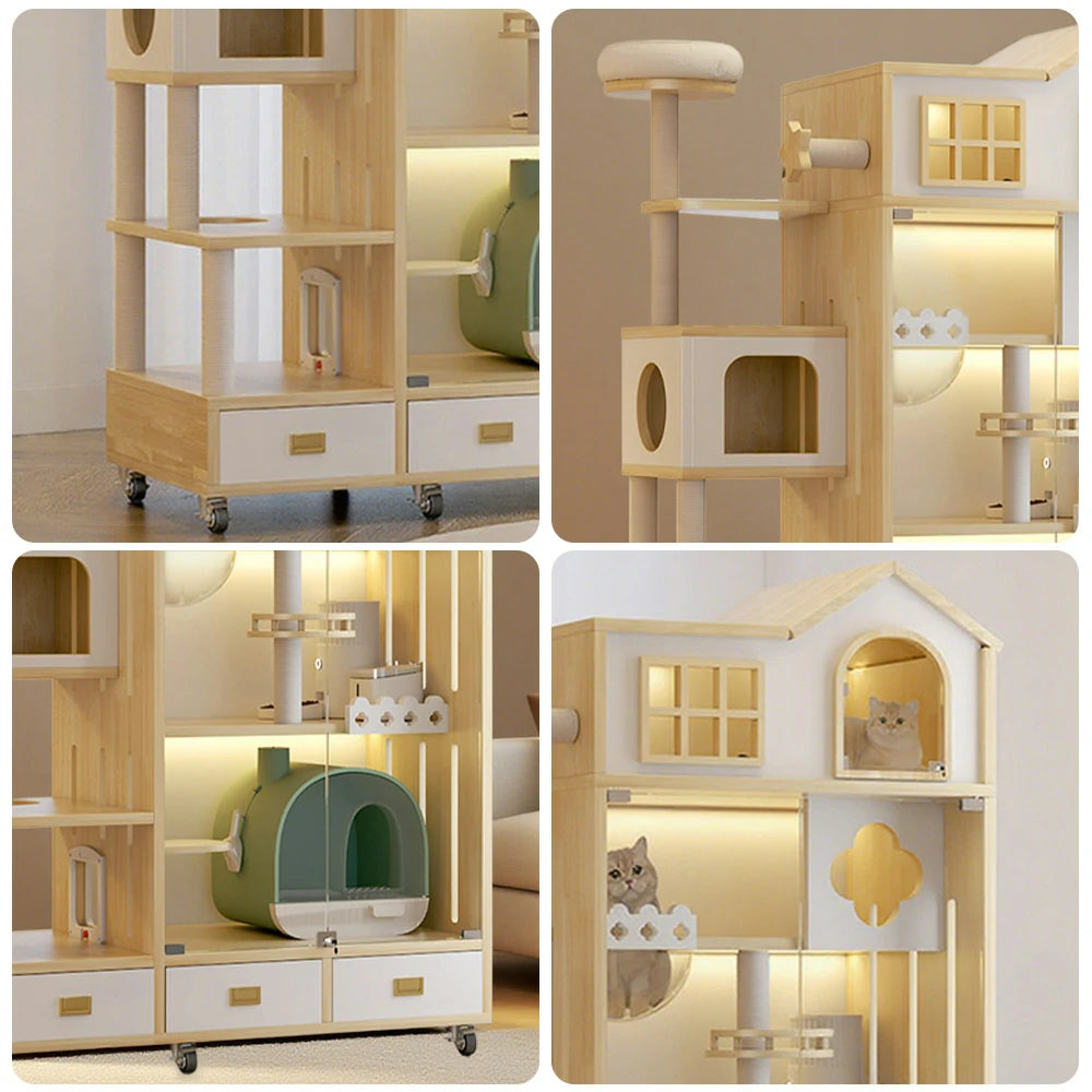 PAWORA Luxury Indoor Wooden Cat House – Eco-Friendly Board, Multi-Level Climbing & Ventilated Design, Spacious Pet Villa for Multiple Cats - Natural Wood