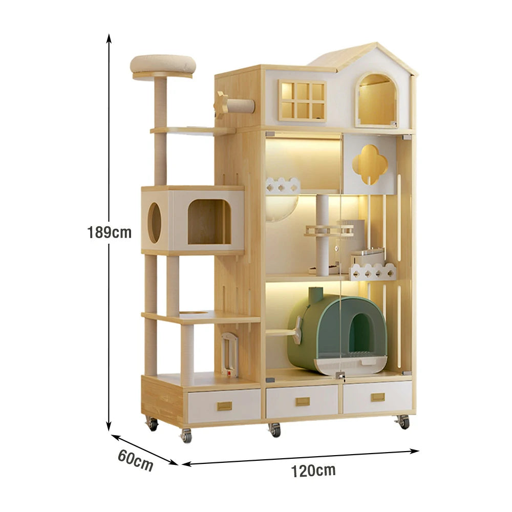 PAWORA Luxury Indoor Wooden Cat House – Eco-Friendly Board, Multi-Level Climbing & Ventilated Design, Spacious Pet Villa for Multiple Cats - Natural Wood