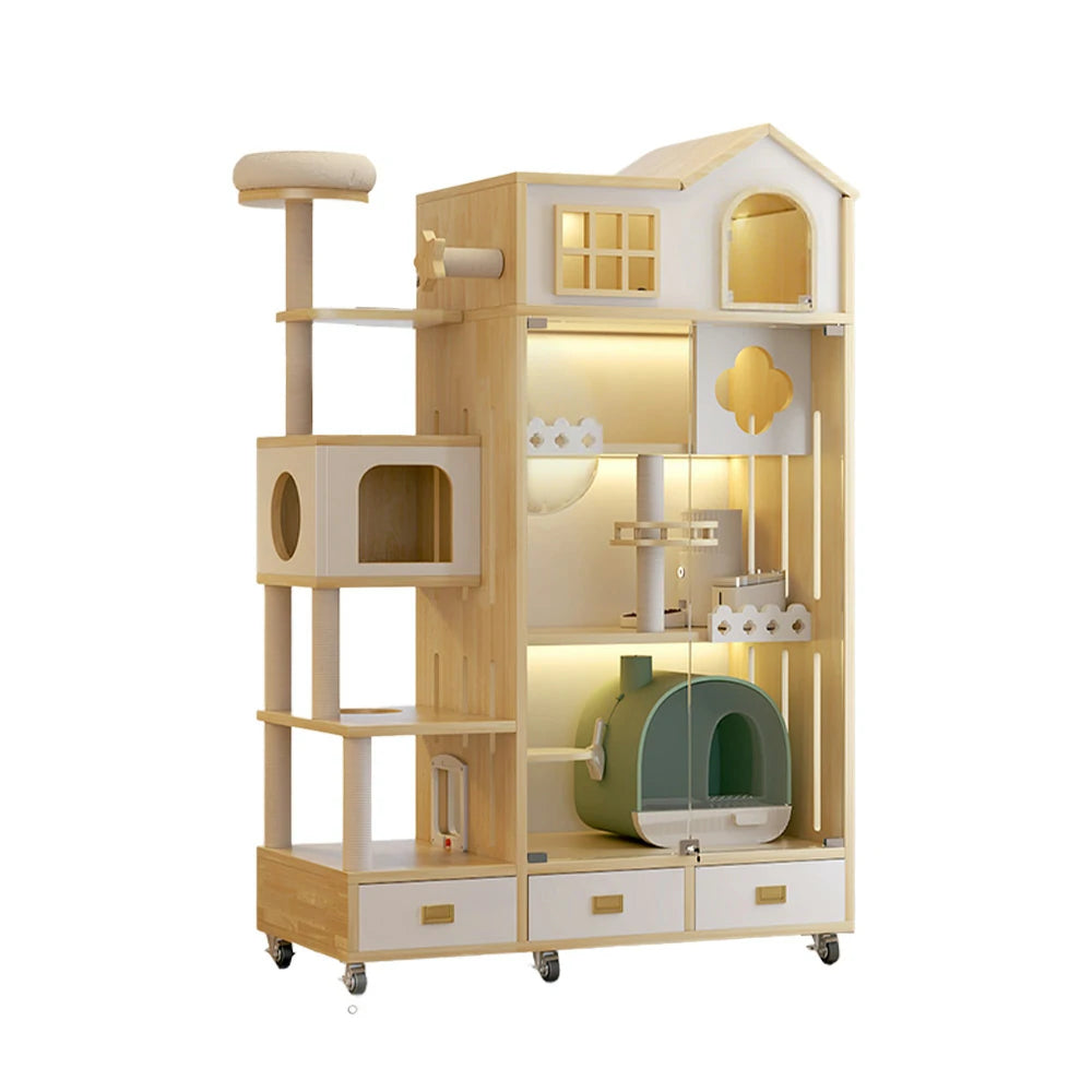 PAWORA Luxury Indoor Wooden Cat House – Eco-Friendly Board, Multi-Level Climbing & Ventilated Design, Spacious Pet Villa for Multiple Cats - Natural Wood