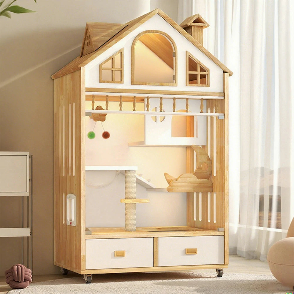 PAWORA Indoor Wooden Cat Villa 90cm - Eco-Friendly Board, Warm Lighting, Ventilated Design, Spacious Pet House for 2–3 Adult Cats - Natural Wood
