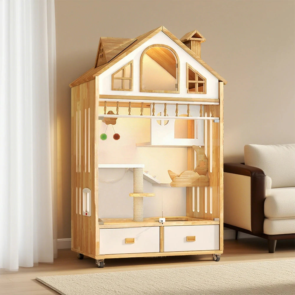 PAWORA Indoor Wooden Cat Villa 90cm - Eco-Friendly Board, Warm Lighting, Ventilated Design, Spacious Pet House for 2–3 Adult Cats - Natural Wood