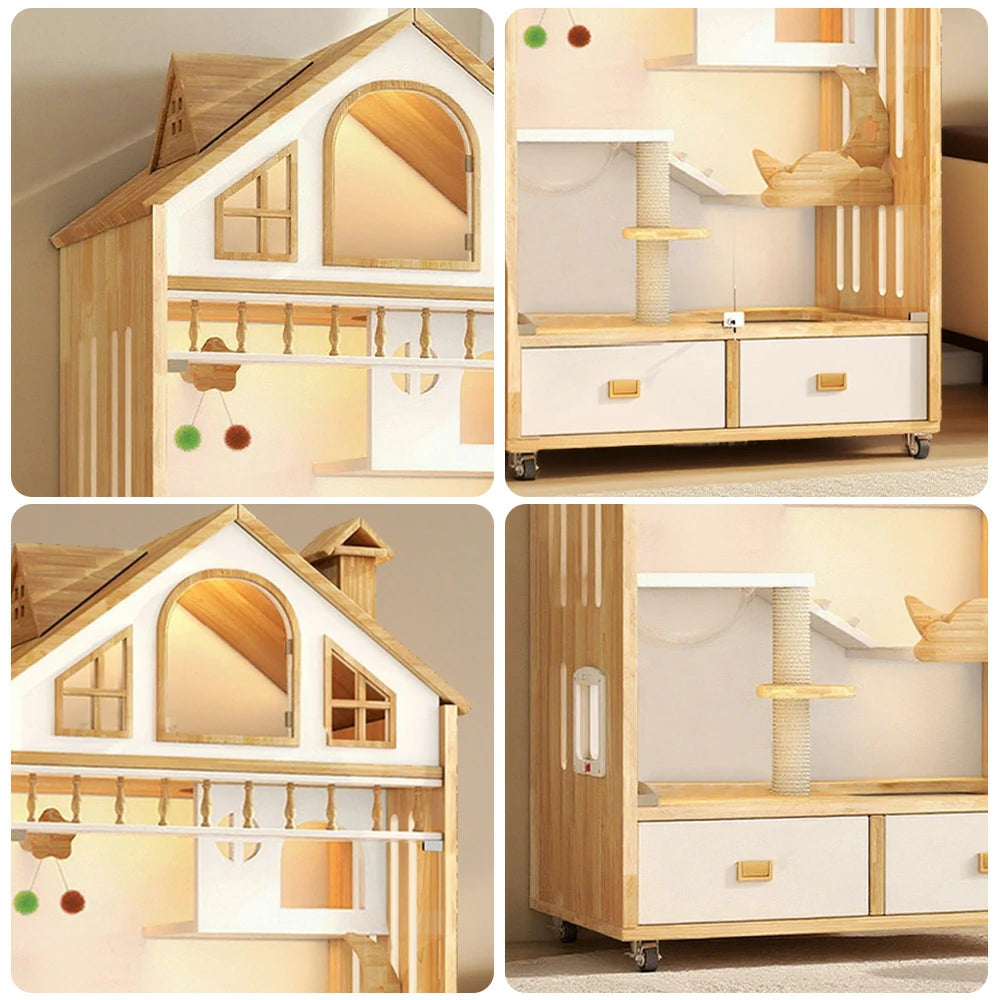PAWORA Indoor Wooden Cat Villa 90cm - Eco-Friendly Board, Warm Lighting, Ventilated Design, Spacious Pet House for 2–3 Adult Cats - Natural Wood