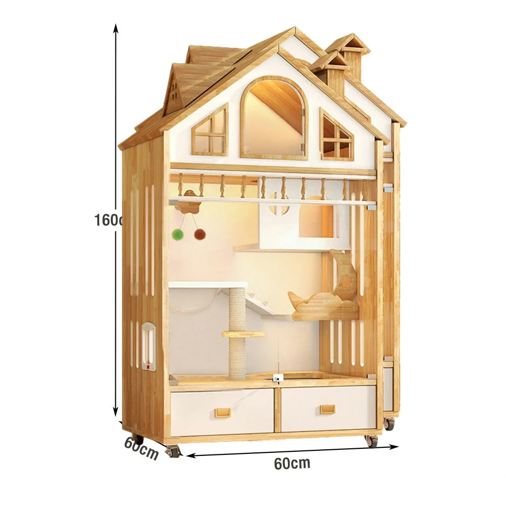 PAWORA Indoor Wooden Cat Villa 90cm - Eco-Friendly Board, Warm Lighting, Ventilated Design, Spacious Pet House for 2–3 Adult Cats - Natural Wood