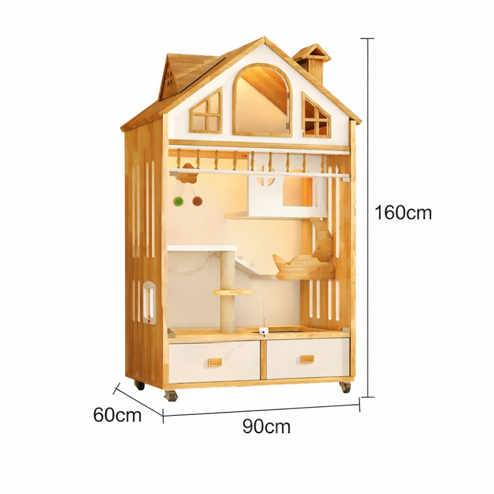 PAWORA Indoor Wooden Cat Villa 90cm - Eco-Friendly Board, Warm Lighting, Ventilated Design, Spacious Pet House for 2–3 Adult Cats - Natural Wood