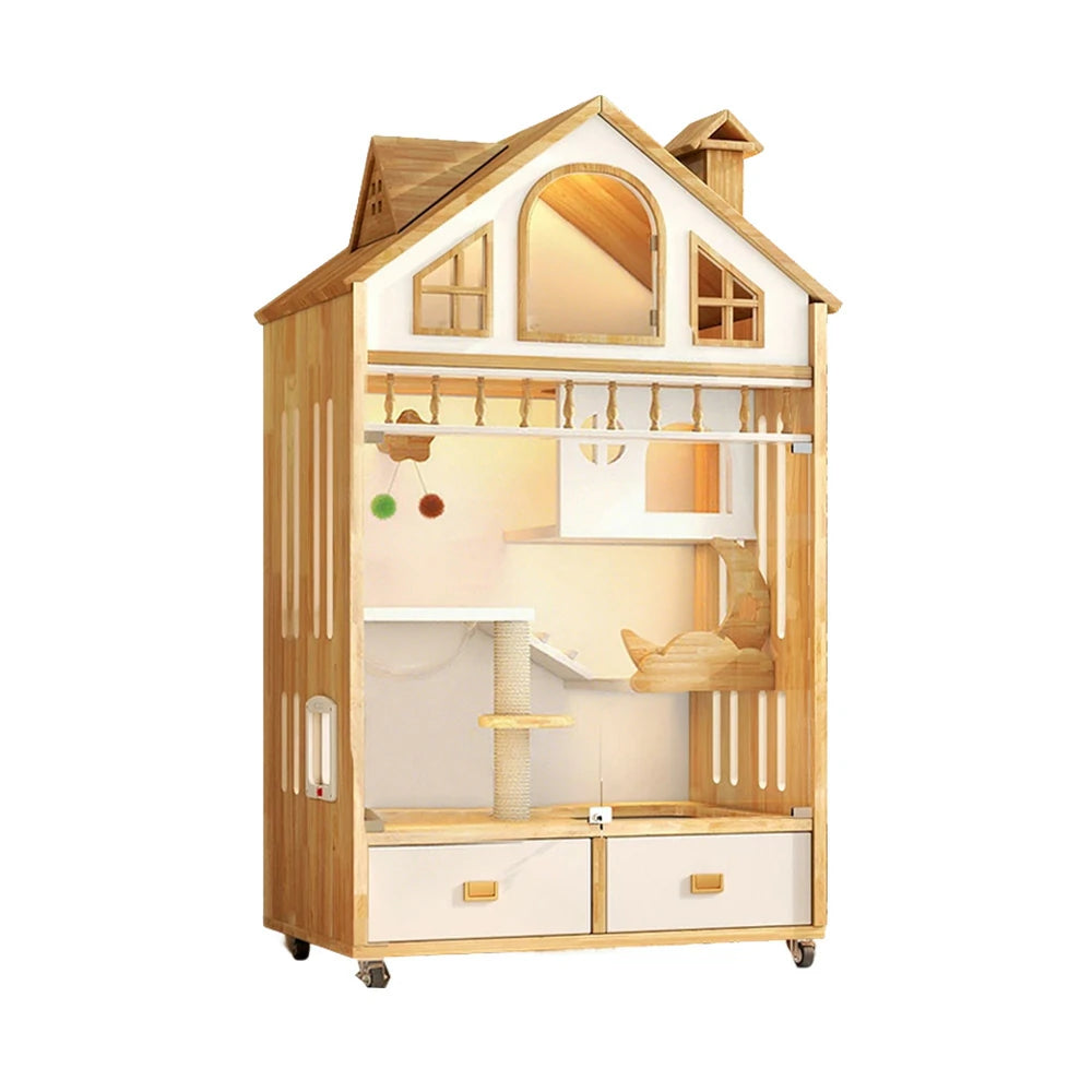 PAWORA Indoor Wooden Cat Villa 90cm - Eco-Friendly Board, Warm Lighting, Ventilated Design, Spacious Pet House for 2–3 Adult Cats - Natural Wood