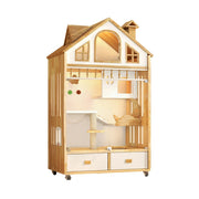 PAWORA Indoor Wooden Cat Villa 90cm - Eco-Friendly Board, Warm Lighting, Ventilated Design, Spacious Pet House for 2–3 Adult Cats - Natural Wood