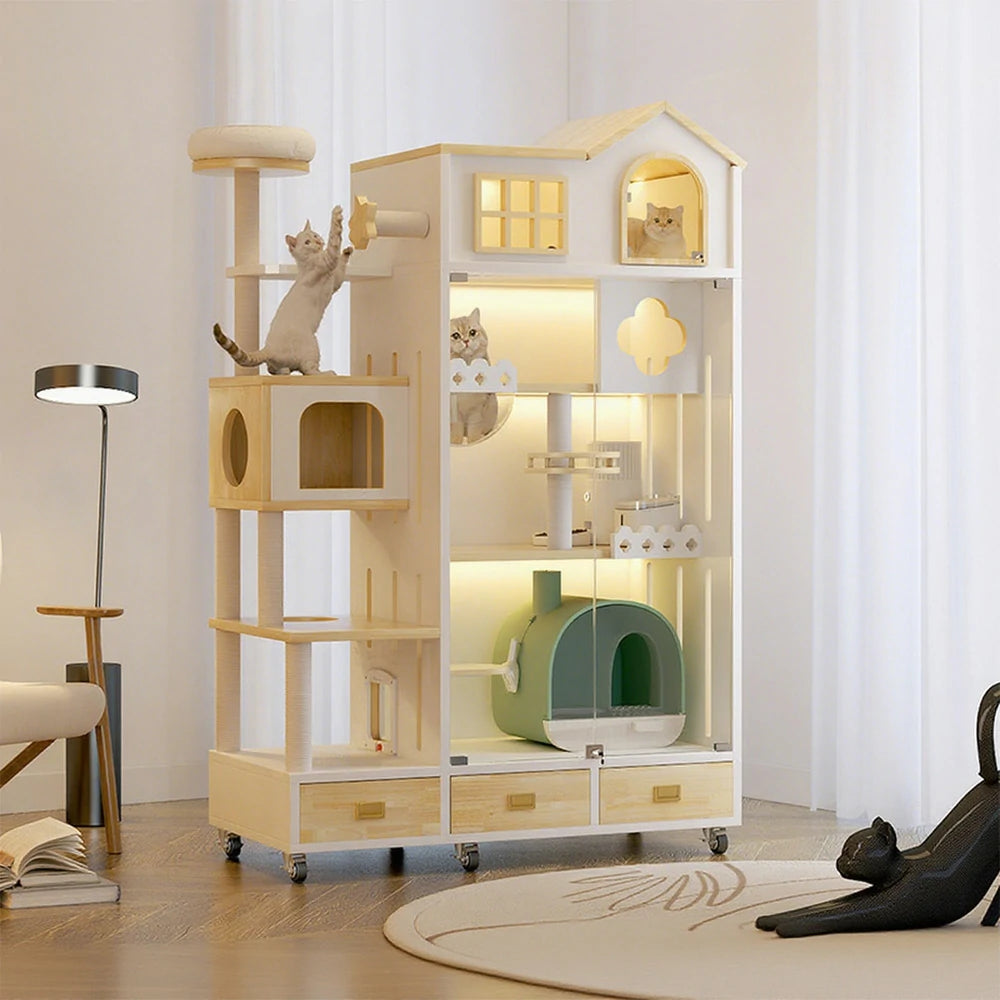 PAWORA Luxury Indoor Wooden Cat House – Eco-Friendly Board, Multi-Level Climbing & Ventilated Design, Spacious Pet Villa for Multiple Cats - Natural Wood