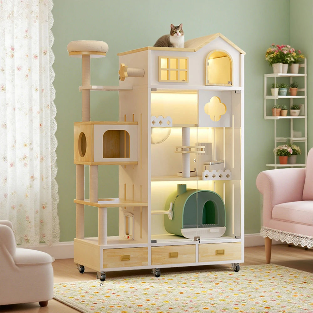 PAWORA Luxury Indoor Wooden Cat House – Eco-Friendly Board, Multi-Level Climbing & Ventilated Design, Spacious Pet Villa for Multiple Cats - Natural Wood