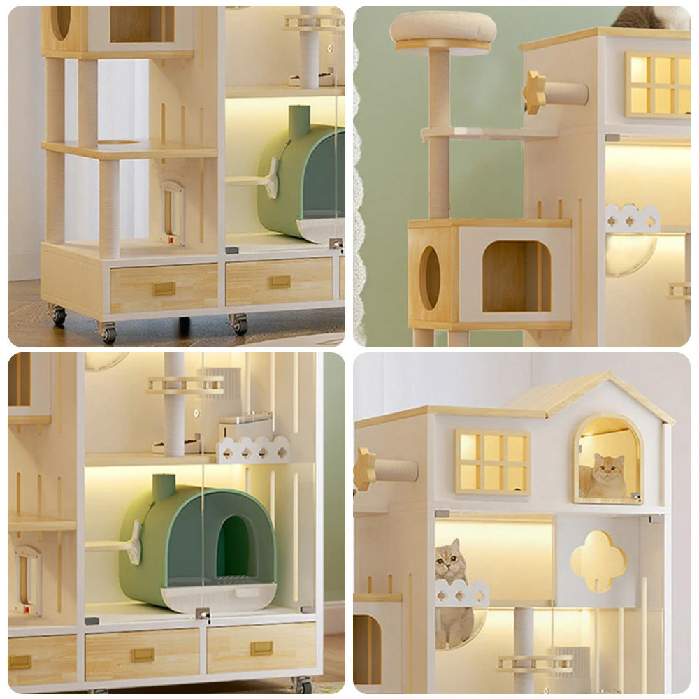 PAWORA Luxury Indoor Wooden Cat House – Eco-Friendly Board, Multi-Level Climbing & Ventilated Design, Spacious Pet Villa for Multiple Cats - Natural Wood